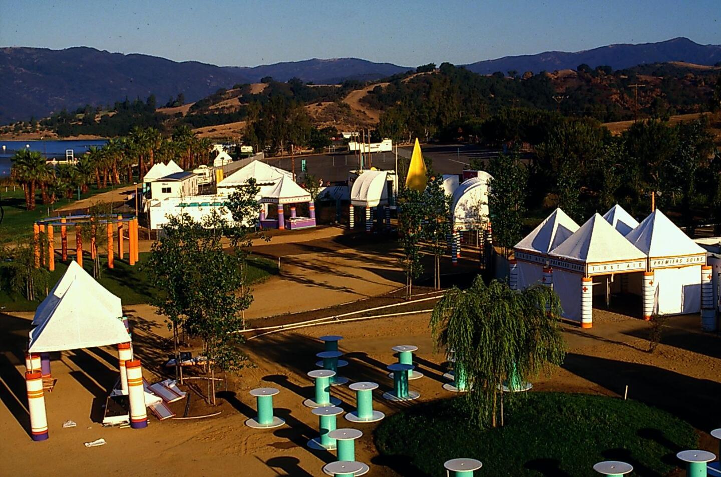 Playful structures dot the 1984 Los Angeles Olympics venue for rowing.