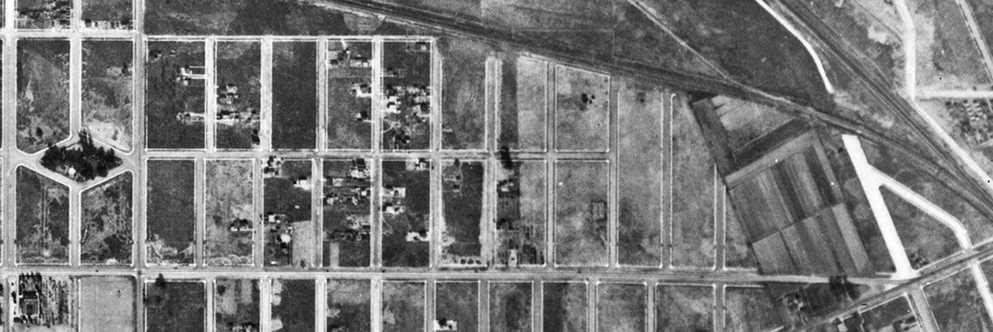 An aerial view of Burbank, between Buena Vista Street (left) and the intersection of Burbank Boulevard, Victory Boulevard and Victory Place(right), on January 1, 1928 shows that streets were wide even before Lockheed established itself in the area.