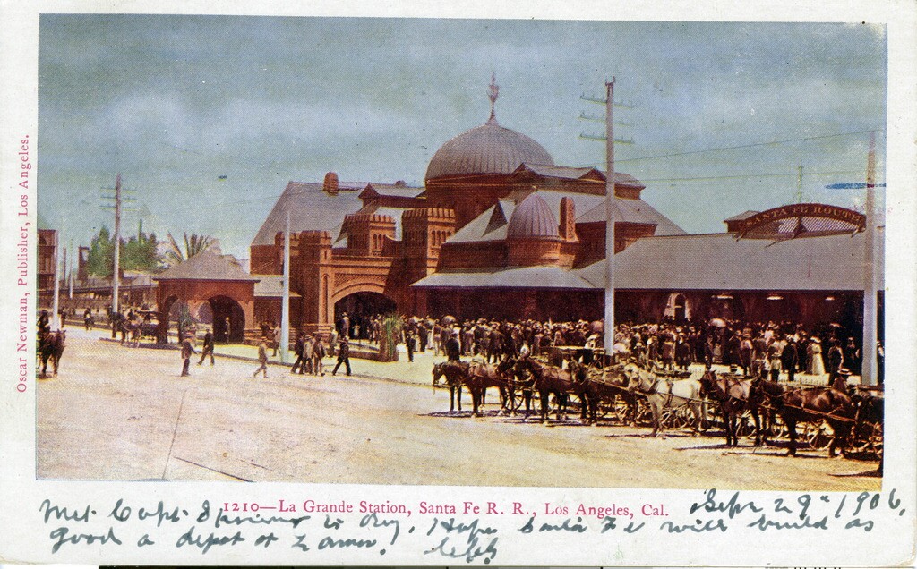 Circa 1904 postcard depicting La Grande Station. Courtesy of the Werner Von Boltenstern Postcard Collection, Department of Archives and Special Collections, Loyola Marymount University Library.
