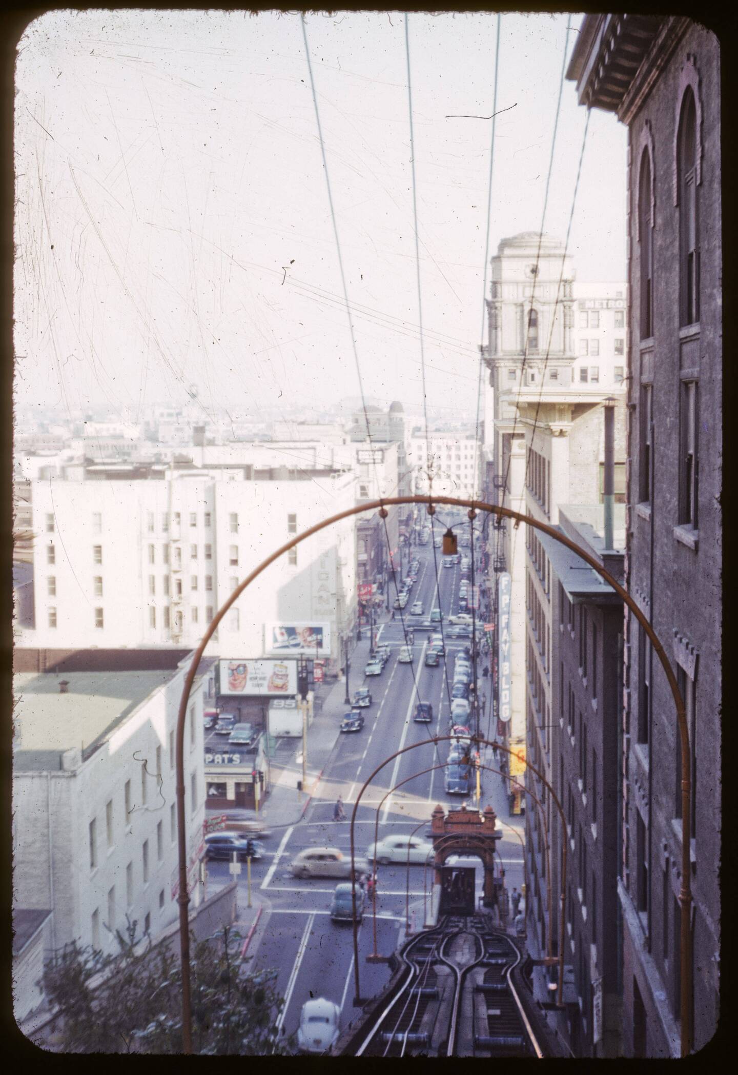 On Angels Flight, looking down towards Third Street, circa 1950.