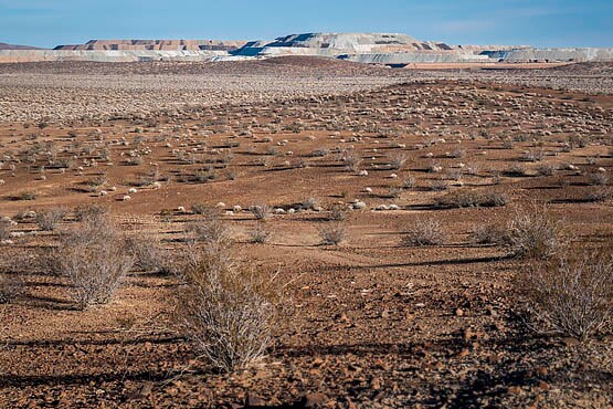 View of Rio Tinto mining tailings from Rock Hill chalcedony collection site. | Photo © Kim Stringfellow.