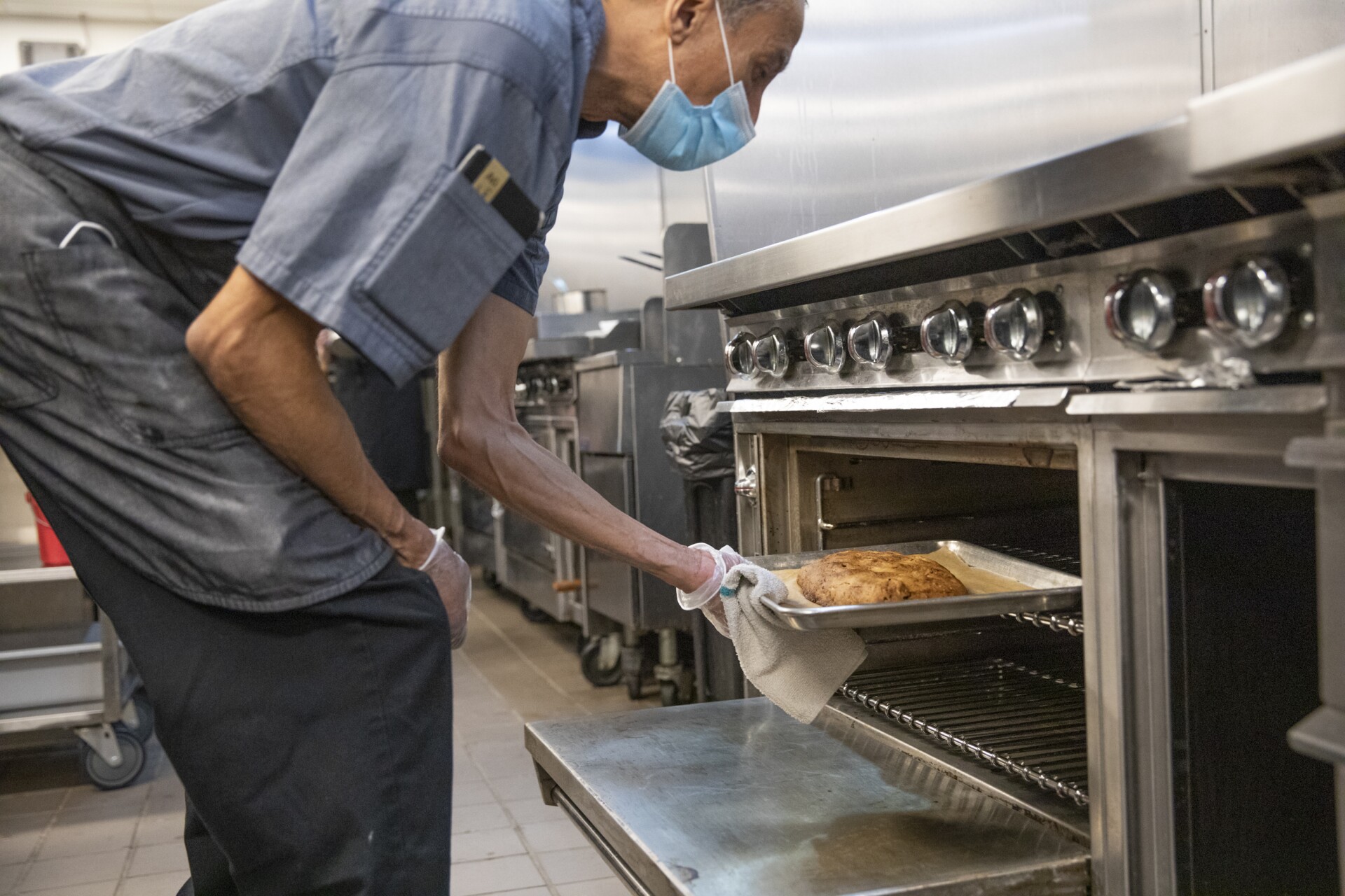 The biscotti is placed in the oven.