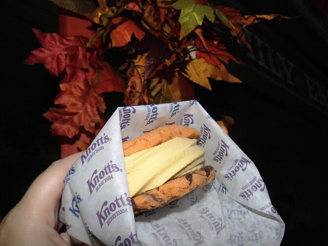 An orange sugar chocolate Cookiewich with pumpkin soft serve at Knott's Taste of Fall-O-Ween. | Sandi Hemmerlein