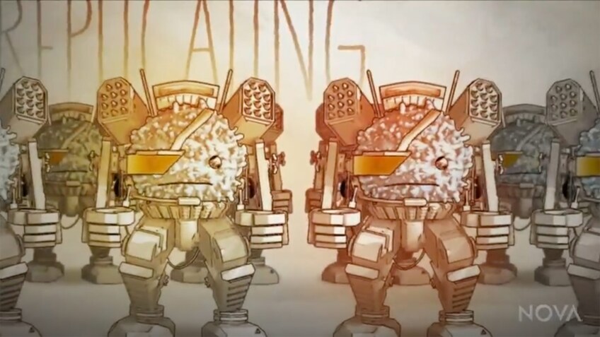 Illustration of white blood cells in robotic suits with weapons