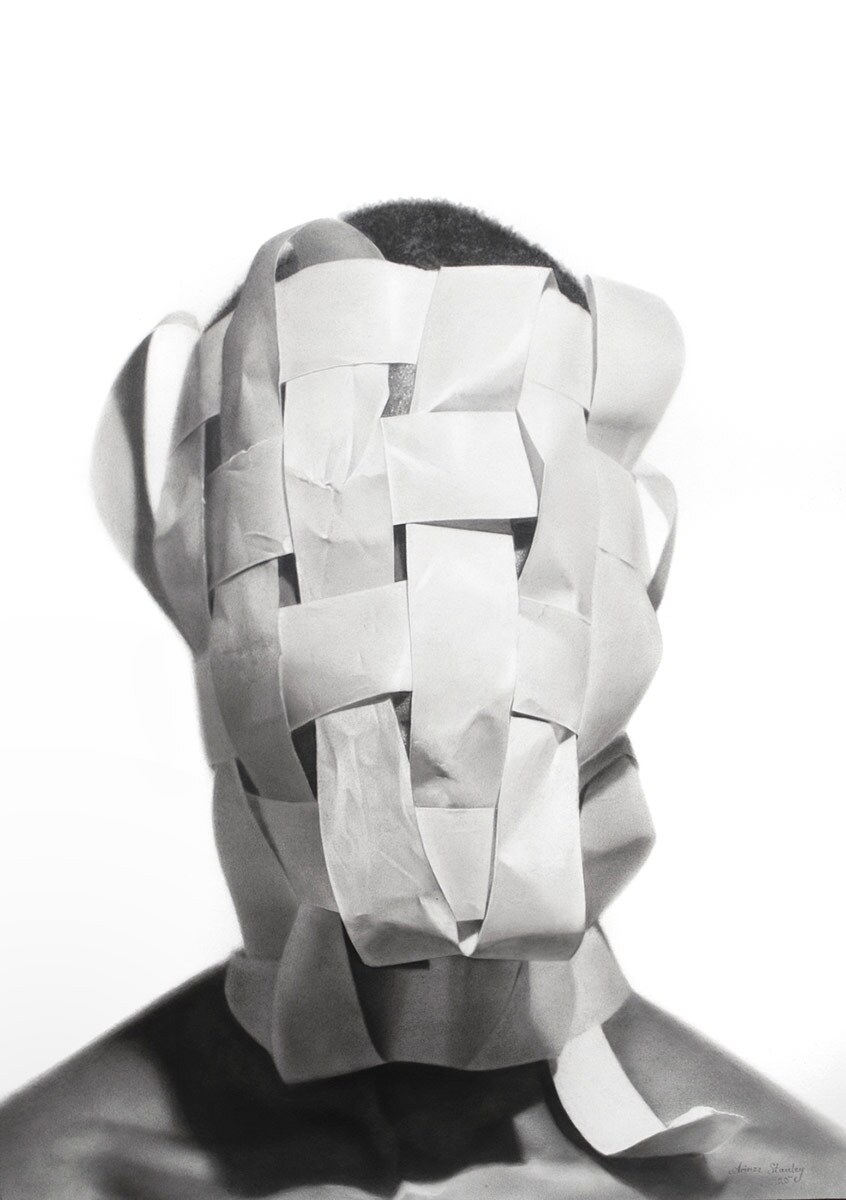 “People and Paper #1” by Arinze Stanley. Charcoal and graphite on paper, 39.3’’ x 27.5.’’ | Courtesy of Corey Helford Gallery