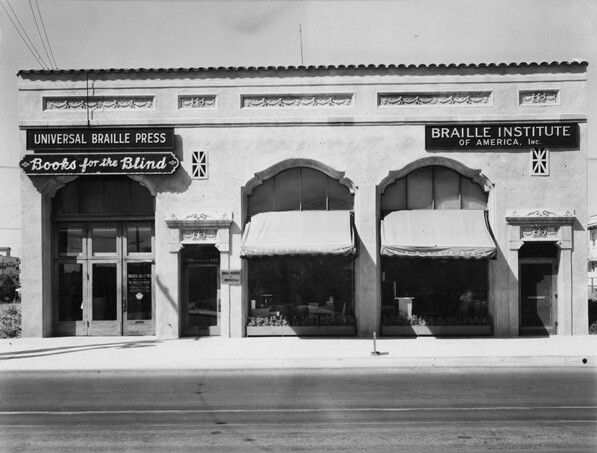 Original Los Angeles headquarters of the Universal Braille Press, circa 1928. Courtesy of the USC Libraries' Special Collections, Los Angeles Area Chamber of Commerce Collection