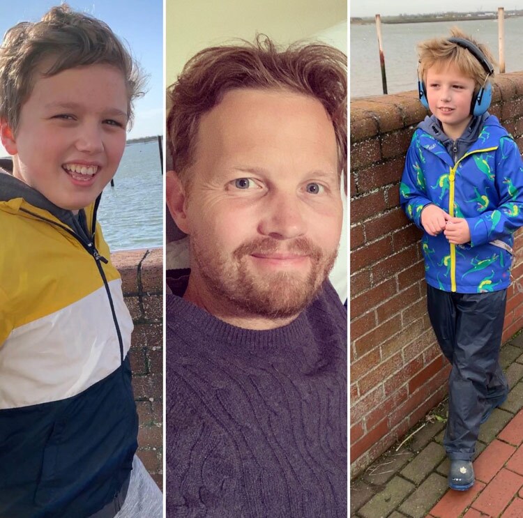 A composite made of three images: a white man in the middle and a white child on each side.