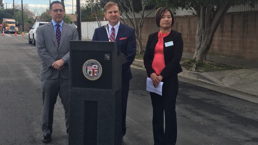 L.A Controller Ron Galperin, L.A. City Councilmember Bob Blumenfield and spokewoman from Senior Manager of TreePeople Yujuan Chen at press conference in Canoga Park on February 21st