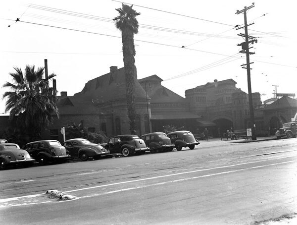 Damaged beyond repair by the 1933 Long Beach quake, the station's Moorish dome was removed. Circa 1937 photo courtesy of the Photo Collection, Los Angeles Public Library.