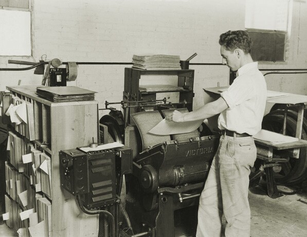 Braille printing press at the Universal Braille Press in Los Angeles, circa 1933. Courtesy of the USC Libraries' Special Collections, Los Angeles Area Chamber of Commerce Collection
