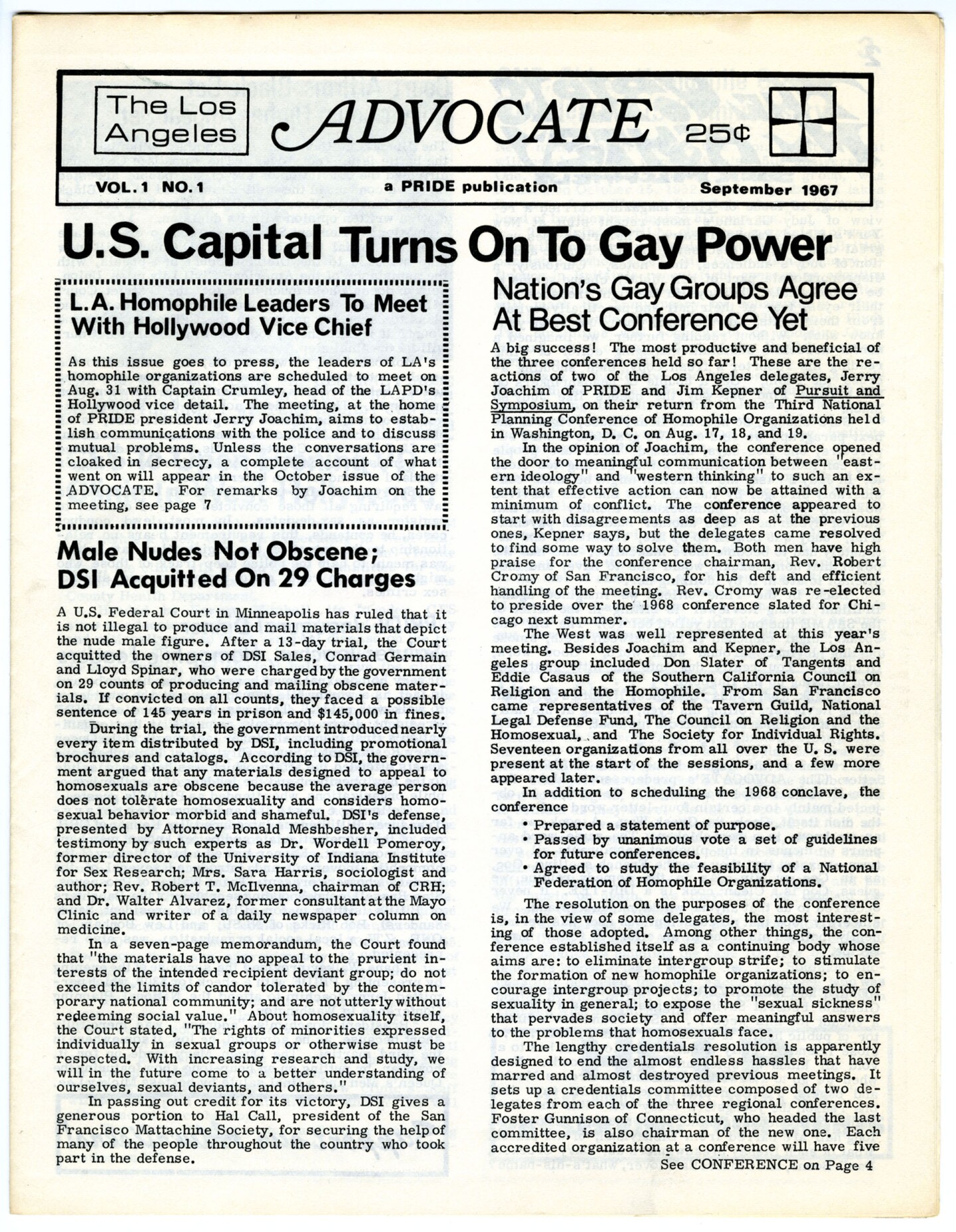 The first issue of the Los Angeles Advocate (later The Advocate), September 1967