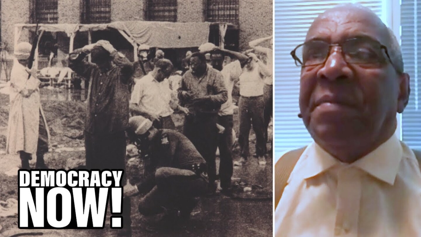 Tyrone Larkins on "Democracy Now!" and a photo of a scene at the Attica prison uprising in 1971.
