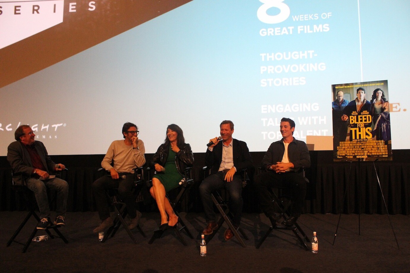 Pete Hammond, Ben Younger, Katey Sagal, Aaron Eckhart and Miles Teller talk "Bleed for This" at the KCET Cinema Series.