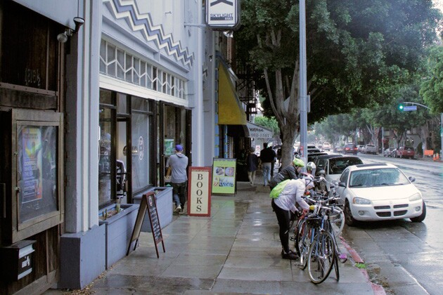 Riders park their bikes in front of Skylight Books | Photo: Krista Carlson