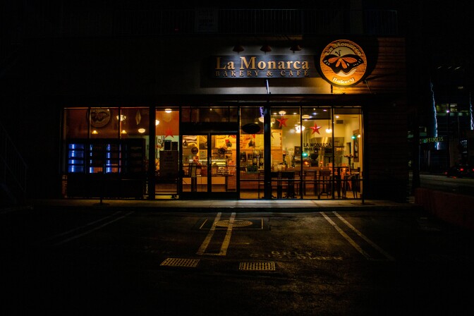 La Monarca Bakery & Cafe on Sunset Boulevard in Hollywood is clothed in darkness.