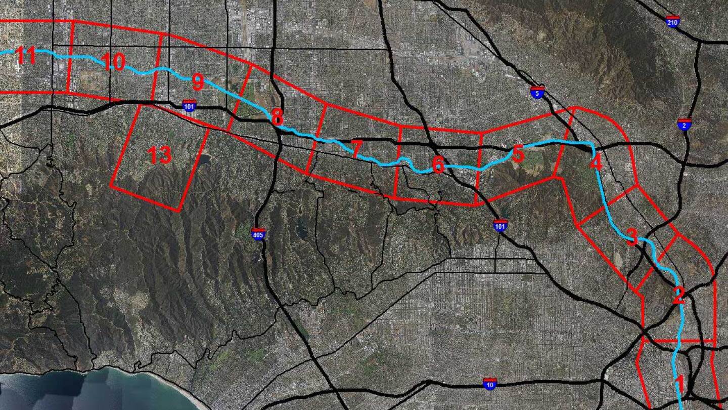 Map of zones along L.A. River where wildlife cameras are being installed. (featured) | National Park Service