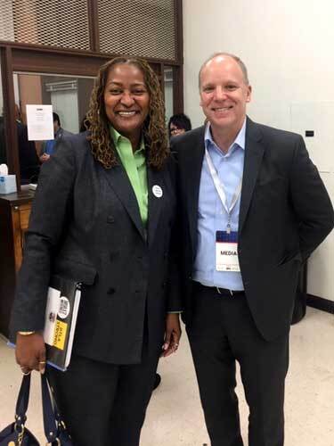 State Senator Holly J. Mitchell (left) and Andrew Russell, president and CEO of Public Media Group of Southern California (right). | Kathy Jura