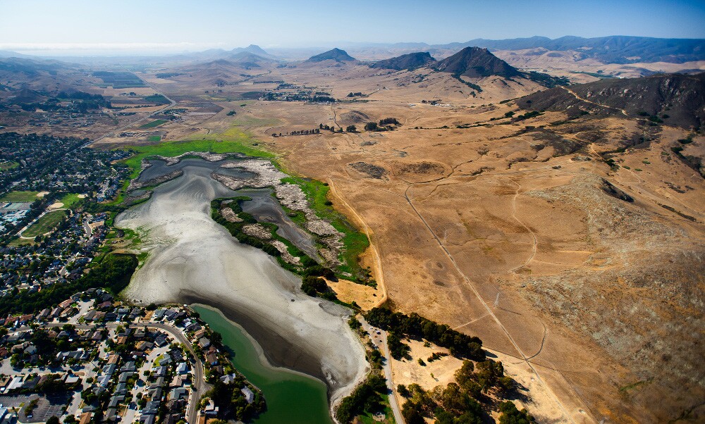 This aerial photograph highlights the effects of the drought on the Laguna Lake area of San Luis Obispo, Calif. | Photo: Brittany App.