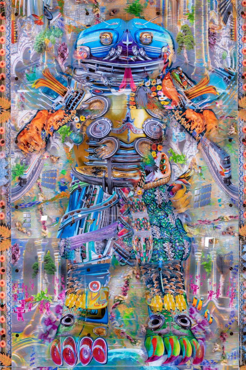 A large two-story artwork that shifts as one moves from left to right.