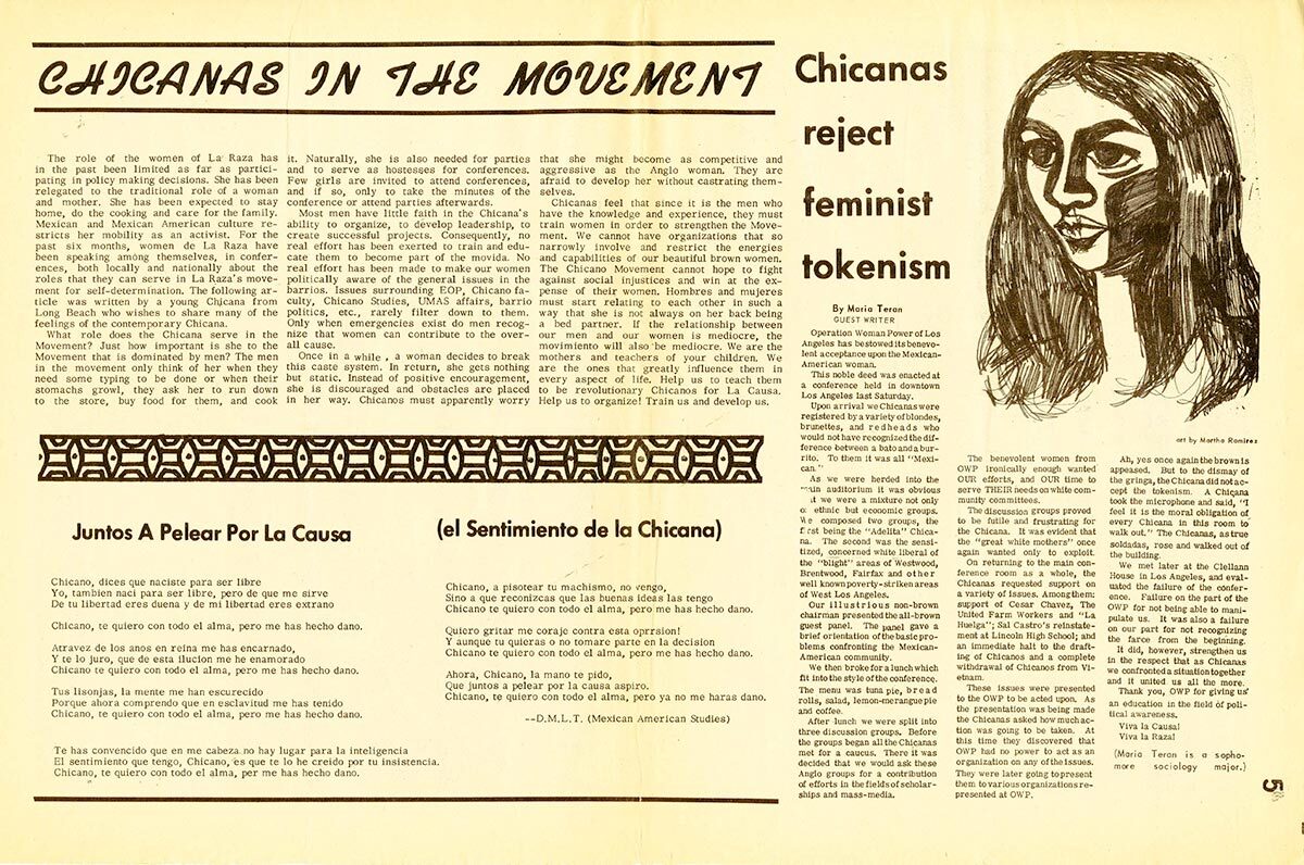 Two-page spread on La Mujer that Anna Nieto Gomez had worked on | Courtesy of Anna Nieto Gomez La Raza AB s9