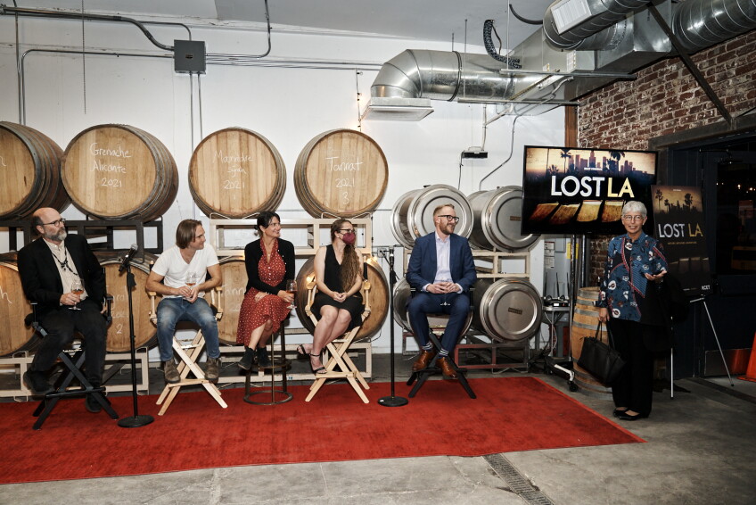 (Left to Right) City Archivist Michael Holland, Angeleno Wine Company’s Jasper Dickson and Amy Luftig Viste with KCET Producer Angela Boisvert, Host Nathan Masters and Dean of USC Libraries Catherine Quinlan during the panel discussion at KCET’s LOST LA event at Angeleno Wine Company on Mar. 29, 2022. Photo courtesy of KCET.