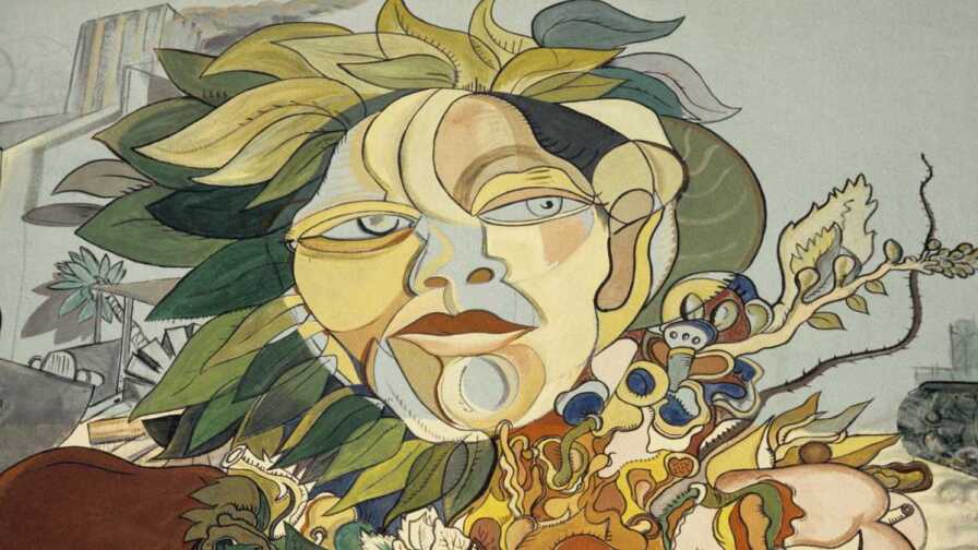 A detail of Roberto Chavez's "The Path to Knowledge and the False University," 1974. This features a figure Chavez called "Our Mother."| UCLA Chicano Studies Research Center Murales Rebeldes