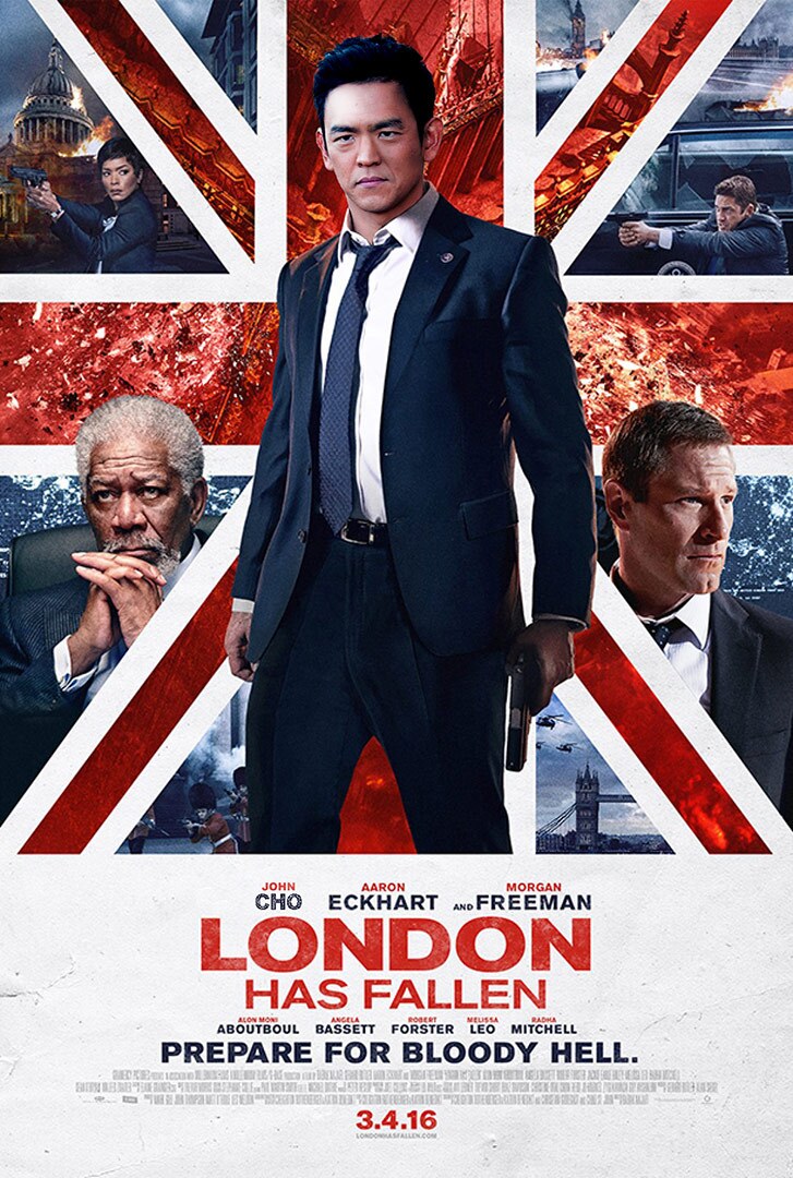 Movie poster featuring a man in a suit standing in front of a Union Jack emblazoned with two men's faces on it.
