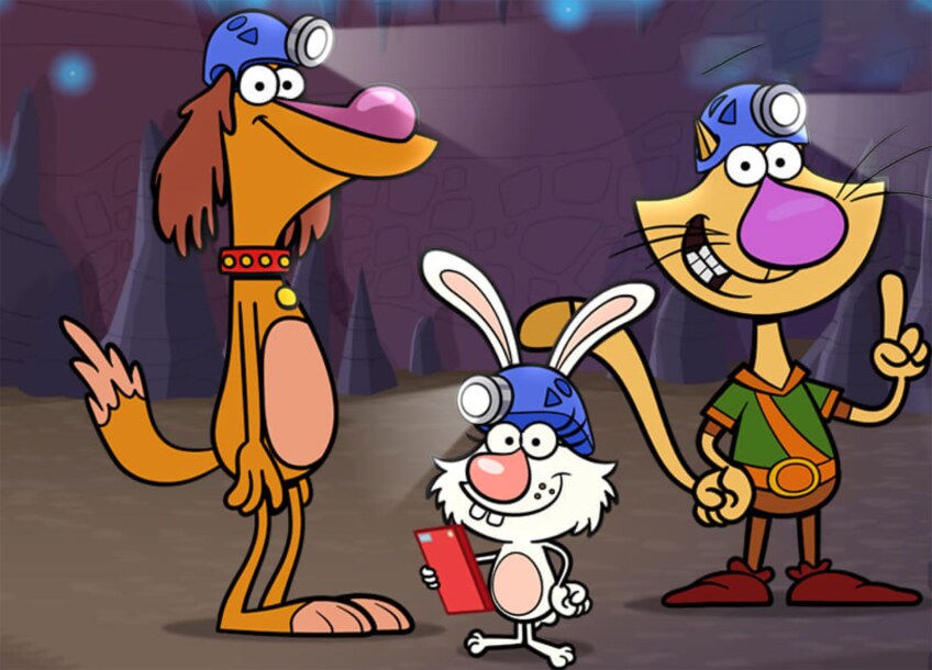 Cartoon dog, rabbit and cat stand inside a cave with lights on their helmets.