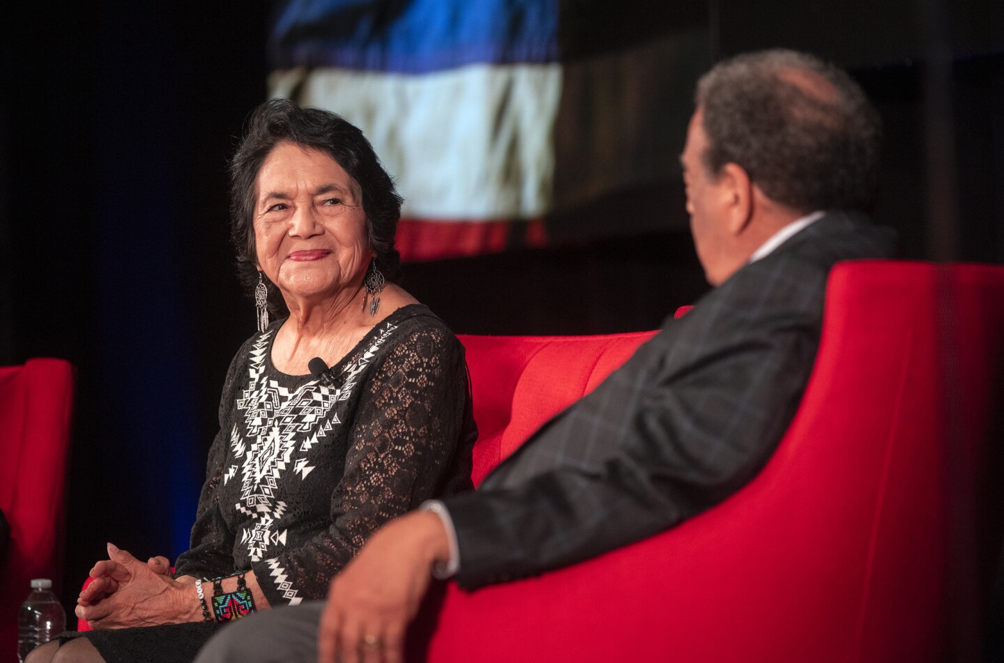Dolores Huerta and Andrew Young discuss their social justice efforts at The Summit on Race in America at the LBJ Presidential Library on Monday, April 8, 2019.