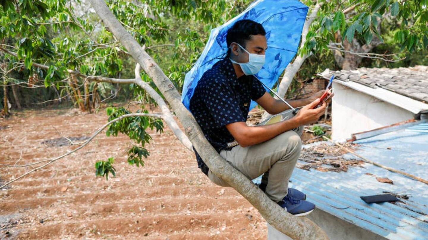 Alexander Contreras sits on a tree to receive a university class on his cellphone because it is the only place where he has signal during a quarantine throughout the country, as the government undertakes steadily stricter measures
