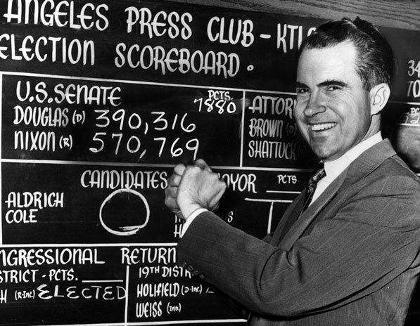 Nixon celebrates his win in the 1950 senatorial election. Courtesy of the Los Angeles Public Library Photograph Collection.