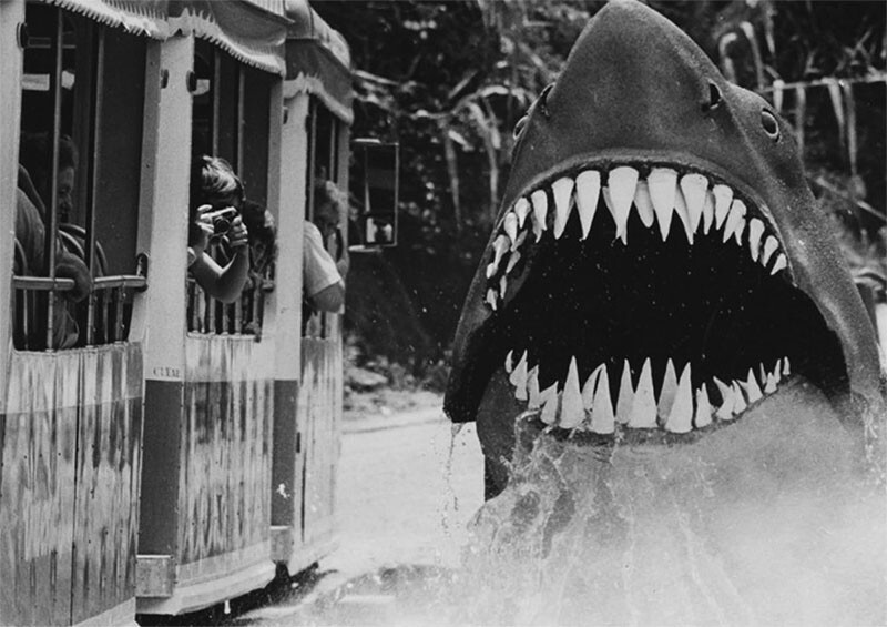 Bruce the Great White makes an appearance for tour guests for the "Jaws" stop | Herald Examiner Collection at Los Angeles Public Library