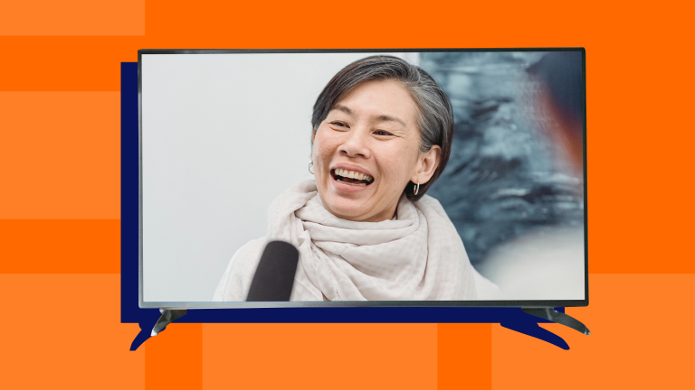 A woman speaking in a stylized television