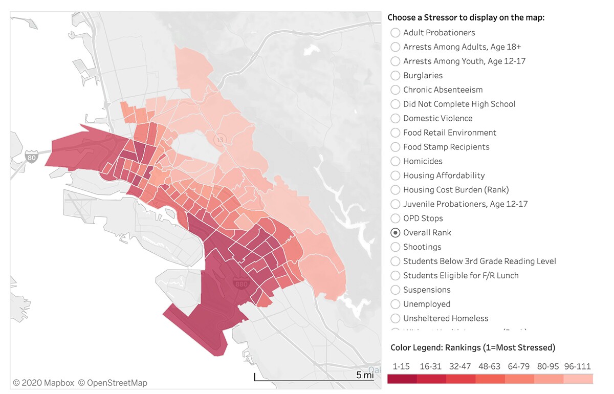 City of Oakland Community Stressor Index Graph as of June 23rd, 2020 illustrates the impacted communities below the 580 Interstate freeway that divides the affluent from socioeconomic neighborhoods. | City of Oakland