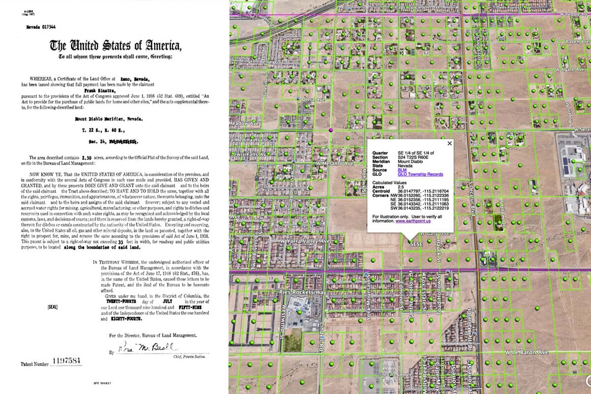 Frank Sinatra's Small Tract Patent No. 1197584 from 1959. | Bureau of Land Management General Land Office Records. The map shows the location of his 2.5-acre parcel located in southwest Las Vegas, Nevada.