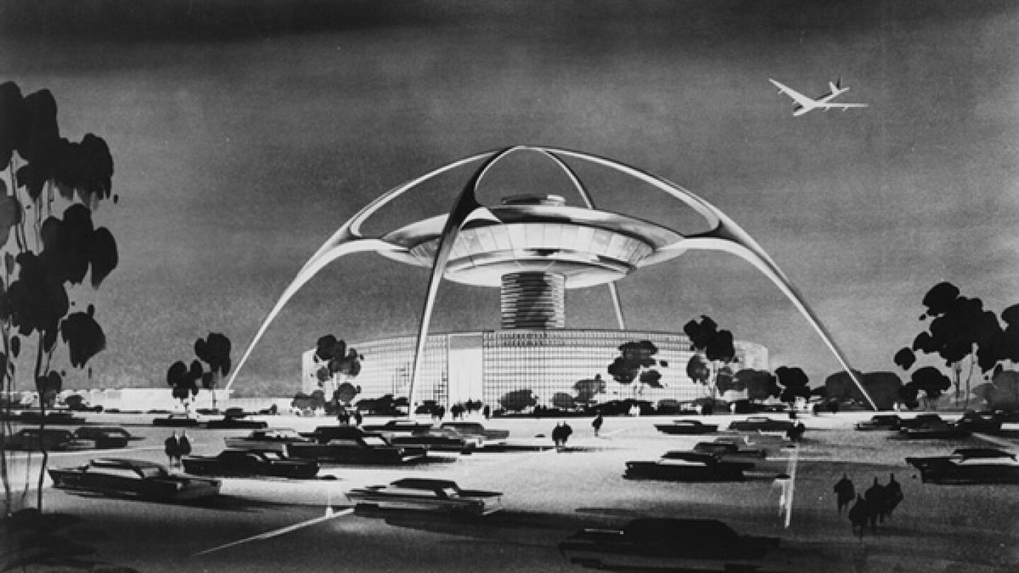 1961 artist's rendering of LAX's Theme Building, designed by architect William Pereira. Courtesy of the California Historical Society Collection, USC Libraries.