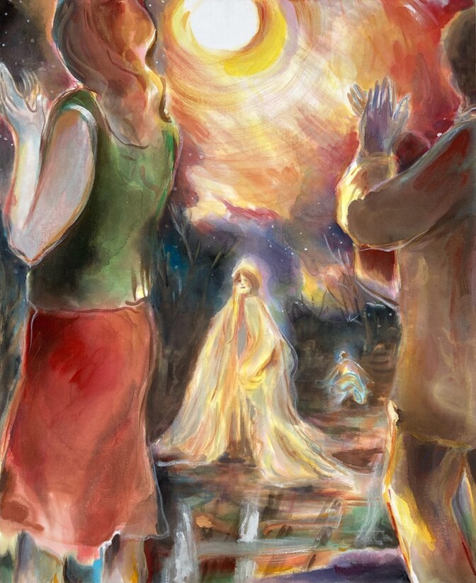 Michelle Blade, “Her Arrival,” 2020. Acrylic ink on stretched poplin | Courtesy of the artist and Odd Ark L.A.