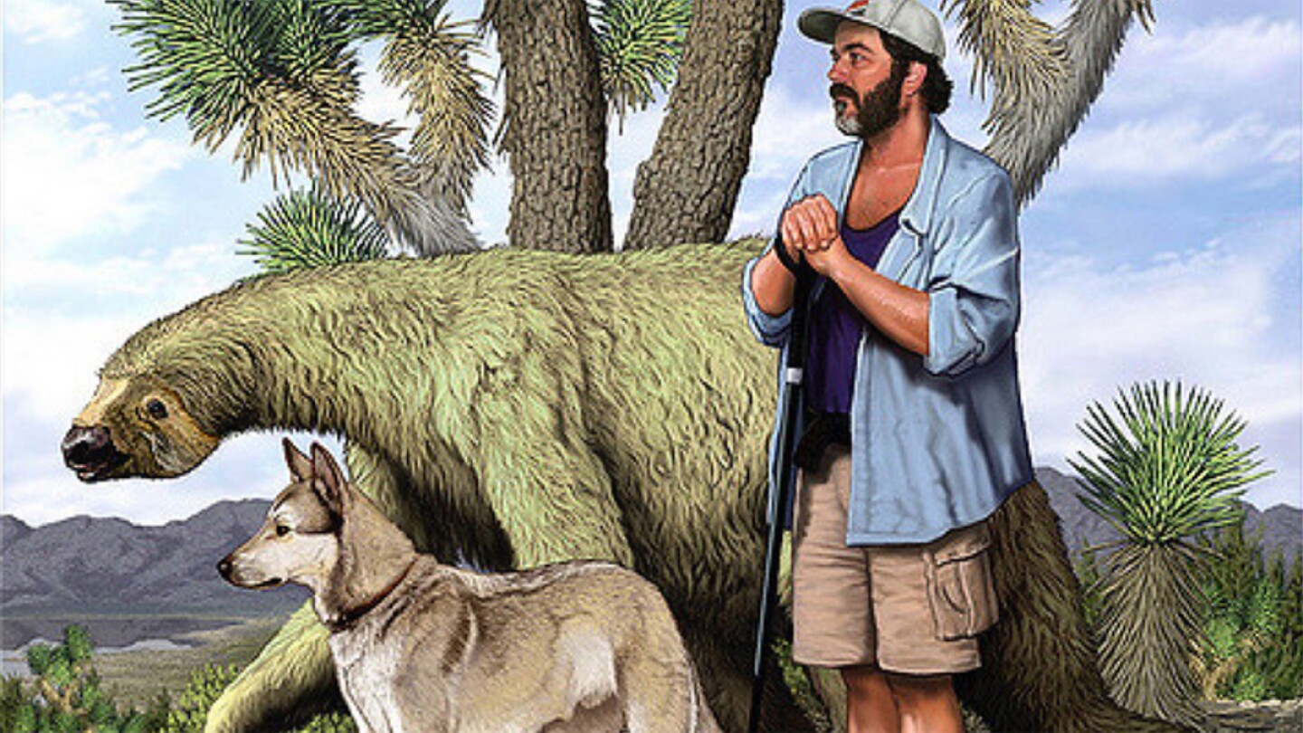 Carl Dennis Buell's painting of Chris Clarke with his dog Zeke accompanied by Nothrotheriops shastensis — the Shasta ground sloth. | © Carl Dennis Buell.