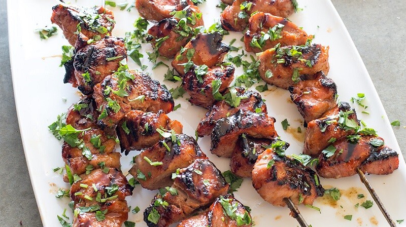 Grilled Pork Kebabs with Sweet Sriracha Glaze