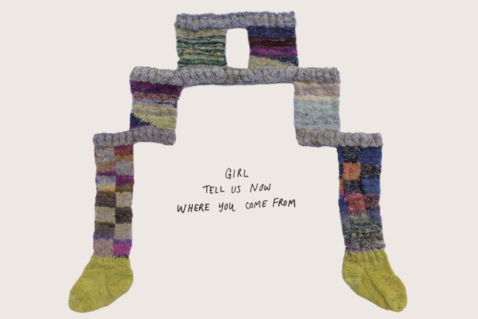 Connie Fu, “Possible outcomes (asking for her softness),” 2020. Hand-dyed, carded, spun, and knit 100% sheep’s wool, with added text, 40” x 48.” | Courtesy of the artist