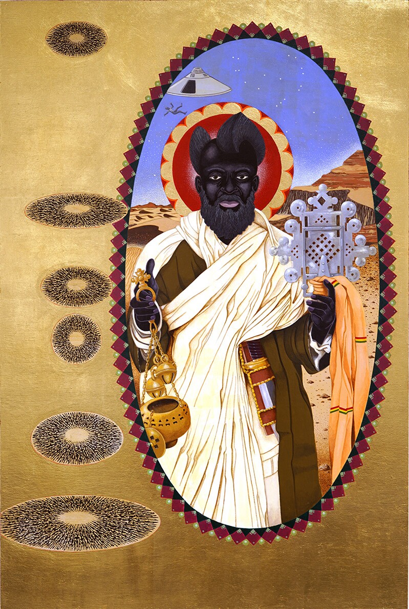 St. Moses the Black, aka Abba Moses the Robber (2020), gold leaf and acrylic on wood panel, 36 x 24 inches | Courtesy of Mark Steven Greenfield