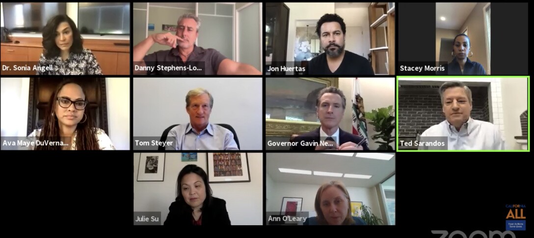 Governor Newsom holds an online roundtable with key Hollywood figures on May 20, 2020. | Screenshot from California Governor's live stream