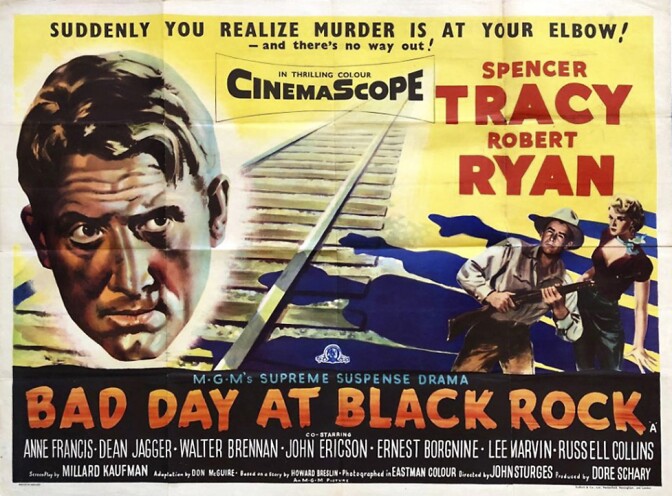 “Bad Day at Black Rock” (1955) stars Spencer Tracy and Robert Ryan, along with upcoming A-list actors including Lee Marvin and Ernest Borgnine. Filmed between Owenyo and Lone Pine, California, on the northern edge of the Mojave Desert. MGM Entertainment.