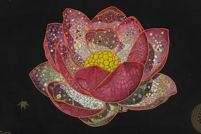 Tom Wudl “Radiance of Sublime Reality Filling the Cosmos without End,” 2015, detail. Acrylic, 22 karat gold, gum arabic, pencil and gouache on rice paper over wood panel | © Tom Wudl, Courtesy of L.A. Louver, Venice, California
