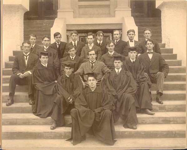 Robinson Jeffers, seated on the far left in the third row from the front, graduated from Occidental College in 1905. Courtesy of the Special Collections, Occidental College Library.