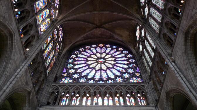 Upward shot to the tall ceilings of a cathedral.