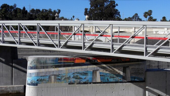 The remaining portion of "Revisit the Red Car" by Rafael Escamilla at the new pedestrian bridge at the Glendale-Hyperion Bridge complex. | Sandi Hemmerlein