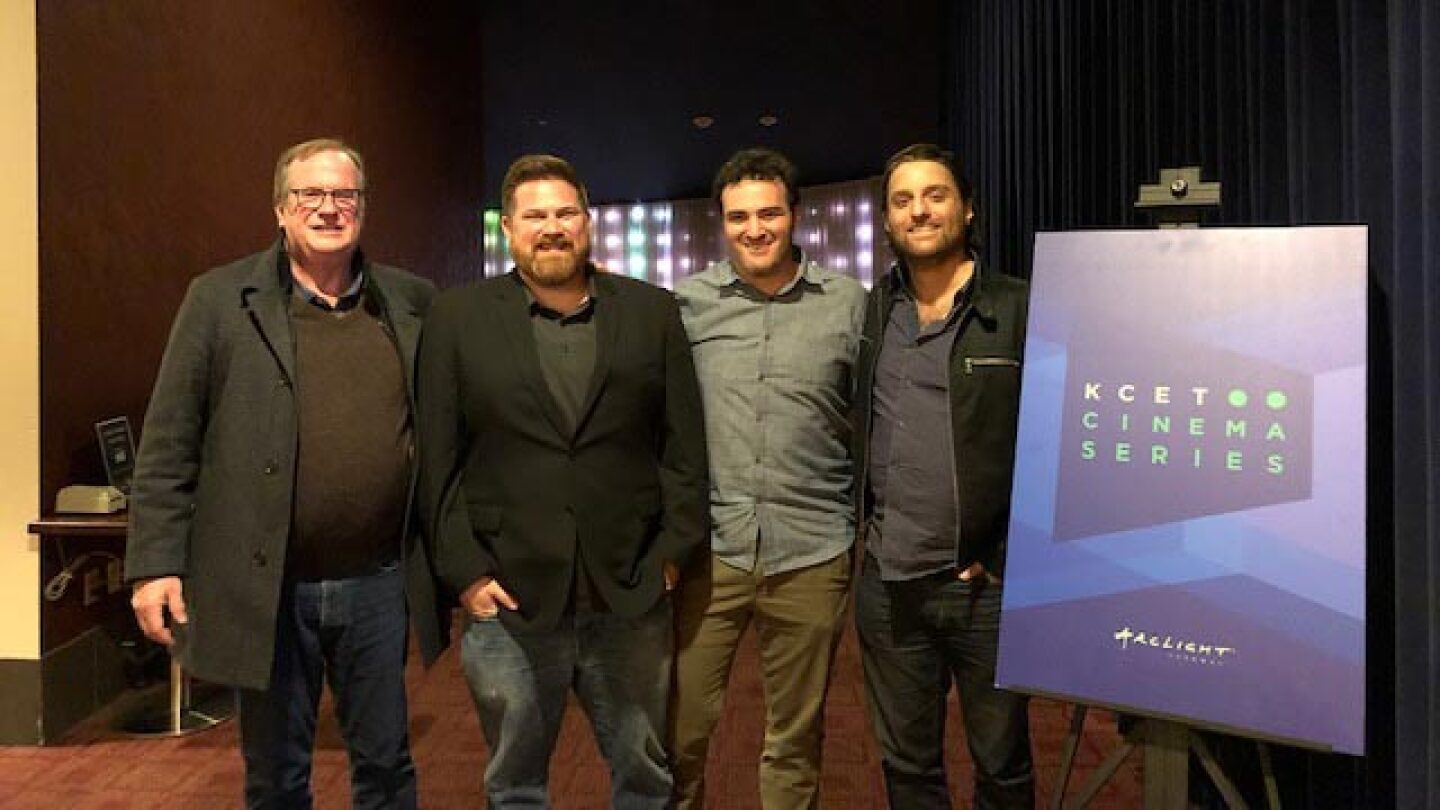 Host Pete Hammond poses with Matt Ratner, Chris Mangano and John Herman at the KCET Cinema Series Q&A session for their film "Standing Up, Falling Down."