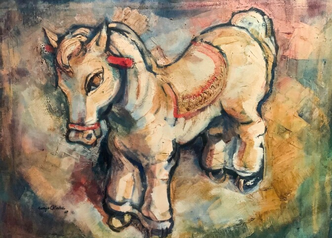 A colorful painting of a toy horse. The toy horse has white fur and has two red handles sticking out of the side of its head. It has a red and gold saddle on its back and a long white mane and tail. The horse has small wheels on the ends of its hooves.