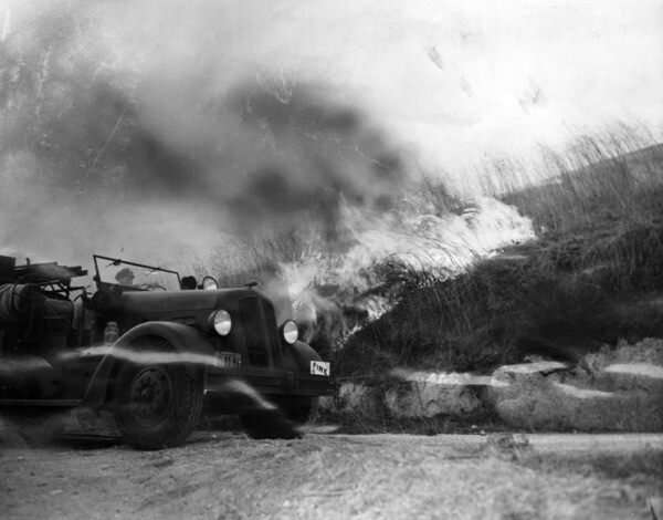 Fire truck is shown battling a fresh blaze that broke out near Malibu, 1943 | Herald-Examiner Collection, Courtesy of the Los Angeles Public Library